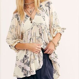 Free People oversized ivory boho empire waist flowy tunic top w/ pockets size XS
